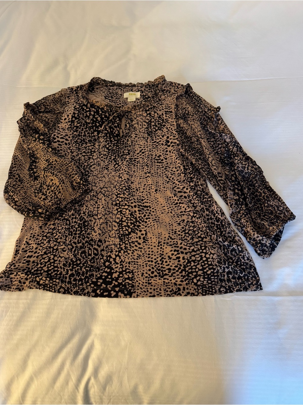 Anthropologie Brown and Black Animal-Print Tie-Neck Blouse